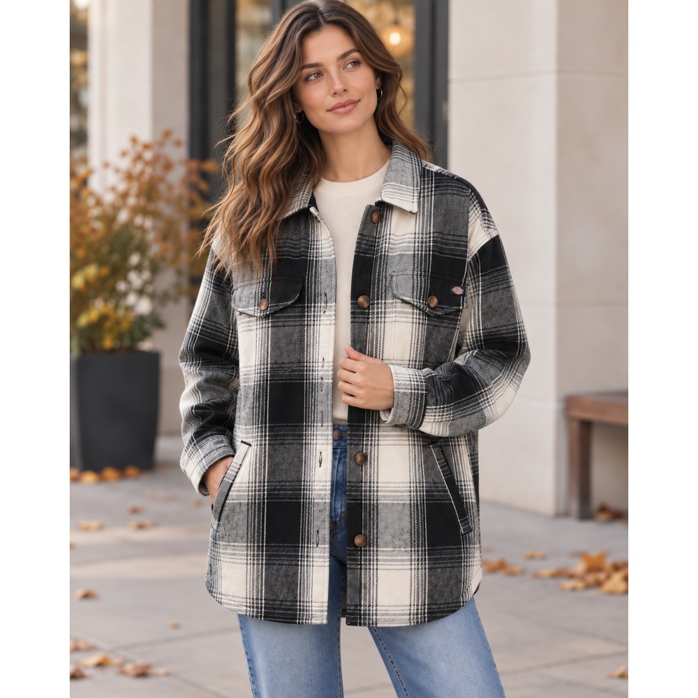 Dickies Oversized Flannel Shacket Jacket M Black White Plaid Cabincore Workwear